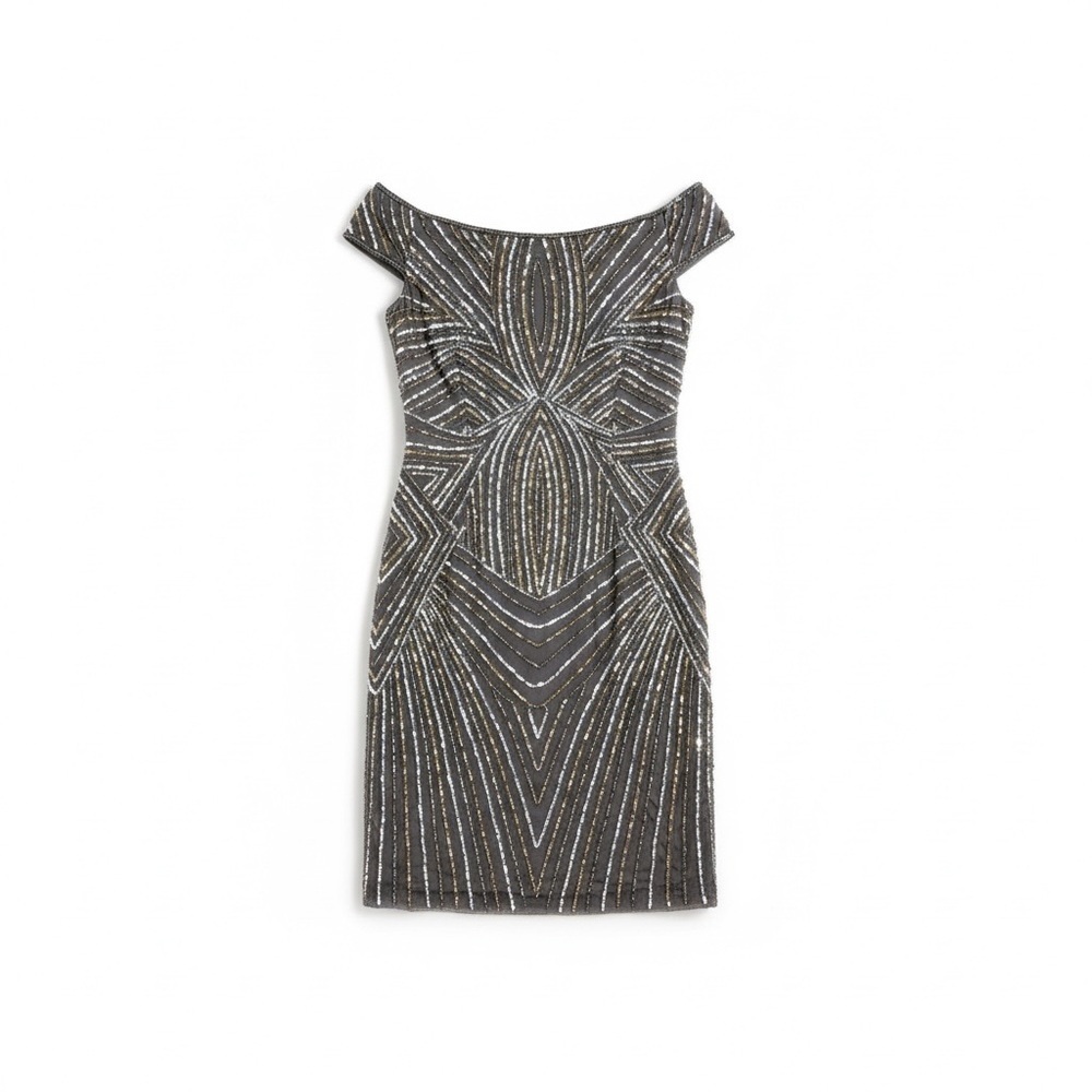 Holiday Adrianna Papell Beaded Knee-Length Cocktail Dress Charcoal Size 8 NWT